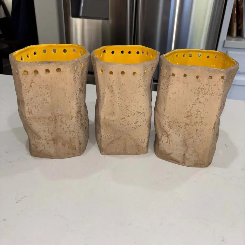 Vintage Handmade Ceramic Paper Bag Candle Votives Luminaries